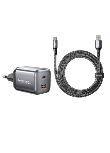 Мережевий зарядний пристрій Remax CA-15 EU GaN 100W з двома портами USB-A та Type-C і кабелем USB-A to Type-C 120W
